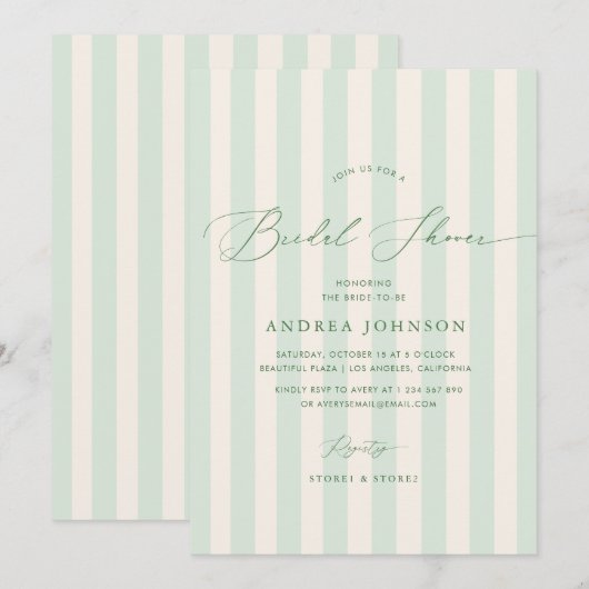 Elegante groene strepen bruids douche uitnodiging (Voorkant / Achterkant)