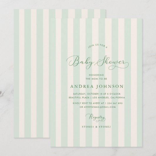 Elegante groene strepen genderneutraal Baby shower Kaart (Voorkant / Achterkant)