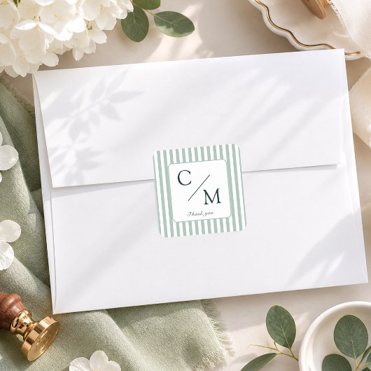 Elegante groene strepen monogram bruiloft  vierkante sticker