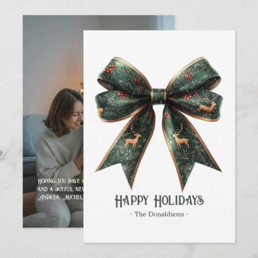 Elegante groene strik Kerst foto kerstkaart (Voorkant / Achterkant)