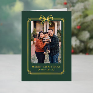 Elegante Groene Strik Vrolijk Kerstmis Familie Fot Folie Feestdagenkaart