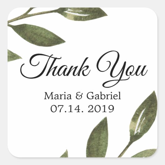 Elegante groene takken Airy Bruiloft Dank U Vierkante Sticker (Voorkant)