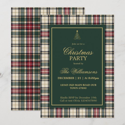 Elegante groene tartan gouden script kerstfeest kaart (Voorkant / Achterkant)