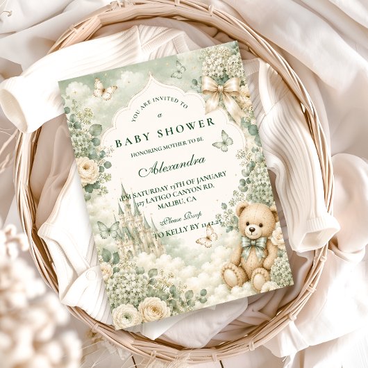 Elegante Groene Teddbeer Baby Shower Kaart
