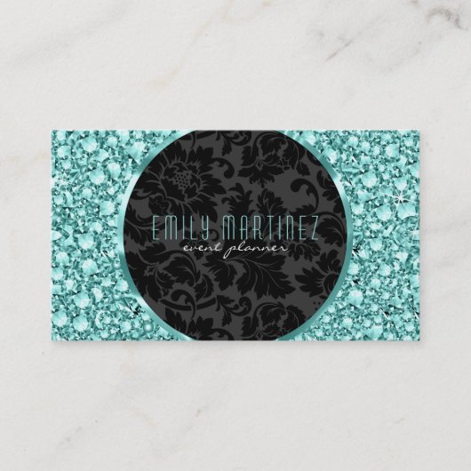 Elegante Groene Tint Diamanten Patroon Glitter Visitekaartje (Voorkant)