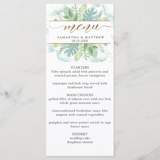 Elegante Groene Tinten, Turquoise Blauw Waterverf Menu (Voorkant)