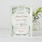 Elegante groene trouwuitnodiging met gouden lijst kaart (Staand voorkant)