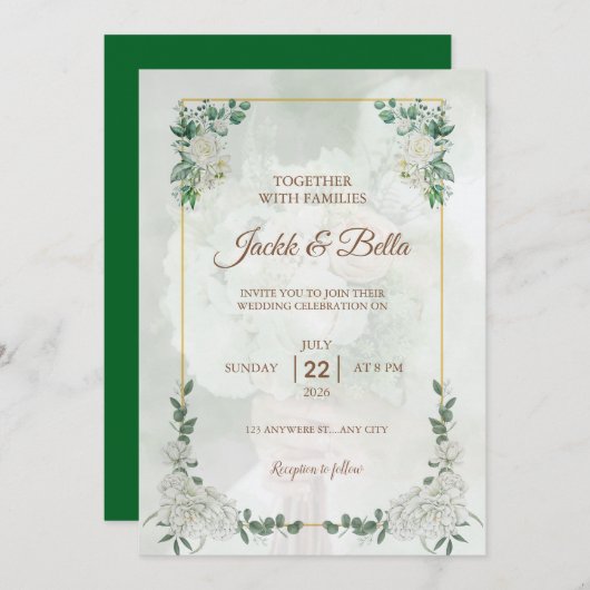 Elegante groene trouwuitnodiging met gouden lijst kaart (Voorkant / Achterkant)