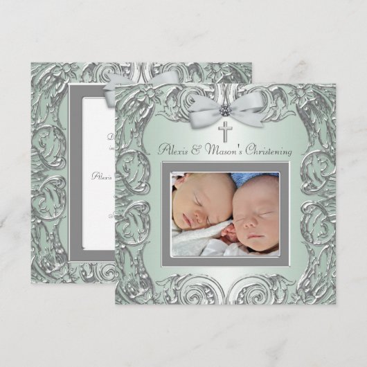 Elegante groene tweeling foto doopuitnodigingen kaart (Voorkant / Achterkant)