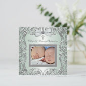 Elegante groene tweeling foto doopuitnodigingen kaart (Staand voorkant)