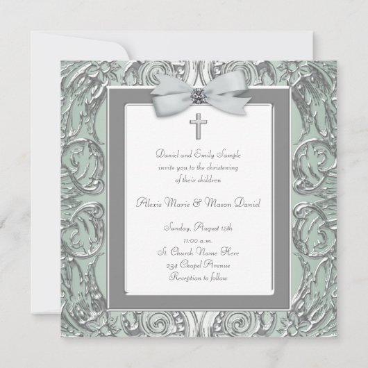 Elegante groene tweeling foto doopuitnodigingen kaart (Achterkant)