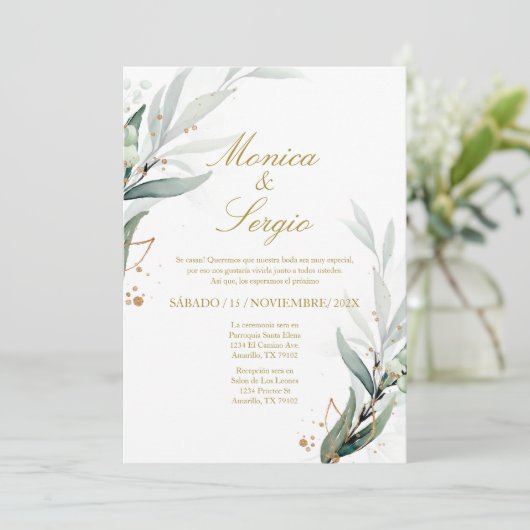 Elegante groene uitnodiging in het Spaans (Staand voorkant)