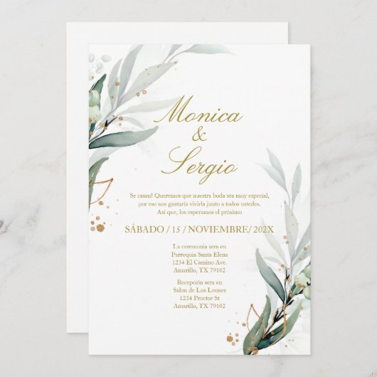 Elegante groene uitnodiging in het Spaans (Voorkant / Achterkant)