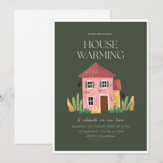 Elegante Groene Uitnodiging Kaart, Housewarming Ka (Voorkant / Achterkant)