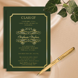 Elegante groene universitaire afstudeerfeest Goud Folie Uitnodiging