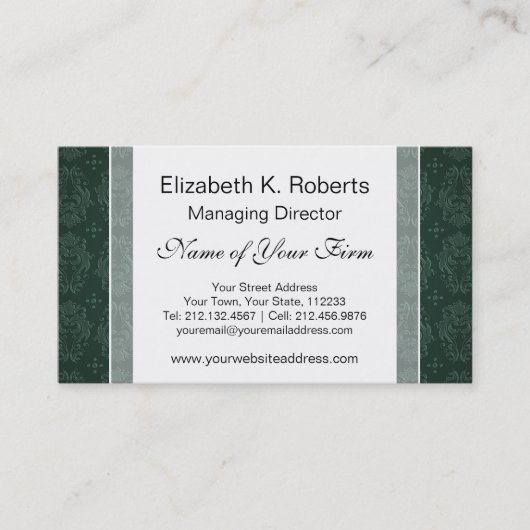 Elegante groene Victoriaans Damask  stijl Visitekaartje (Voorkant)
