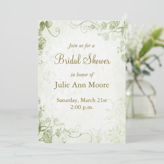 Elegante groene Vintage bruidsdouche uitnodiging (Staand voorkant)