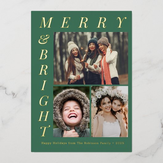Elegante groene vrolijke en heldere kerst folie feestdagenkaart (Voorkant)