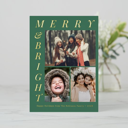 Elegante groene vrolijke en heldere kerst folie feestdagenkaart (Staand Voorkant)