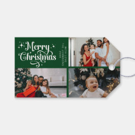 Elegante groene vrolijke kerst familie fotocollage cadeaulabel