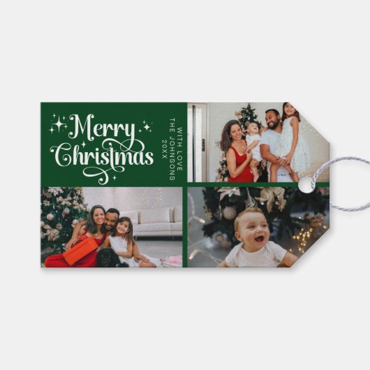 Elegante groene vrolijke kerst familie fotocollage cadeaulabel (Voorkant (Horizontaal))