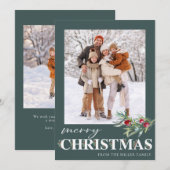 Elegante groene vrolijke kerstvakantie fotokaart feestdagenkaart (Voorkant / Achterkant)