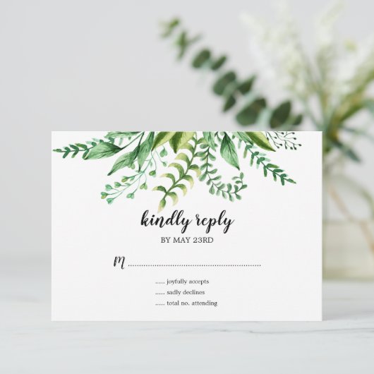 Elegante groene watercolor botanische trouw-RSVP Kaart (Staand voorkant)
