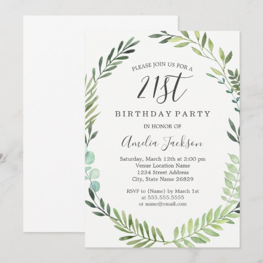Elegante groene Waterverf 21ste verjaardag Kaart (Voorkant / Achterkant)
