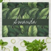 Elegante groene Waterverf bananenblad met naam Theedoek (Gevouwen)