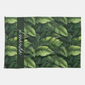 Elegante groene Waterverf bananenblad met naam Theedoek (Horizontaal)