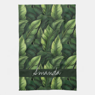 Elegante groene Waterverf bananenblad met naam Theedoek