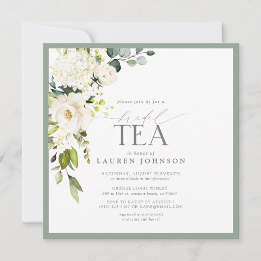 Elegante Groene Waterverf Bloemen Bruids Theedouch Kaart (Voorkant)