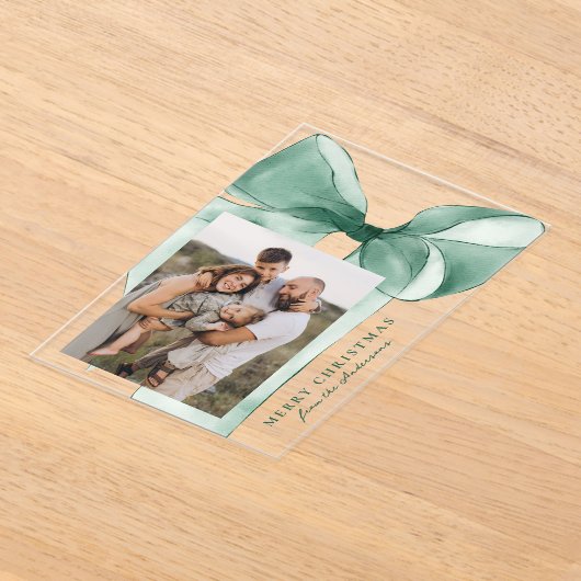 Elegante Groene Waterverf Bow Foto Vakantie Kaart Acryl Uitnodigingen (Laagn)