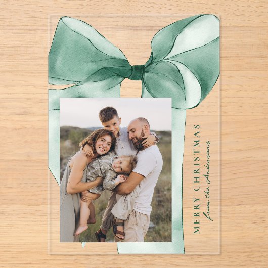 Elegante Groene Waterverf Bow Foto Vakantie Kaart Acryl Uitnodigingen (Voorkant)