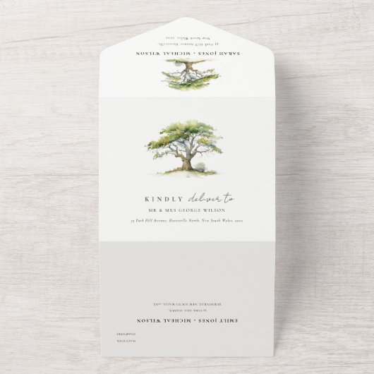 Elegante groene Waterverf eikenboom bruiloft All In One Uitnodiging (Buitenkant)