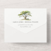 Elegante groene Waterverf eikenboom bruiloft All In One Uitnodiging (Achterkant)