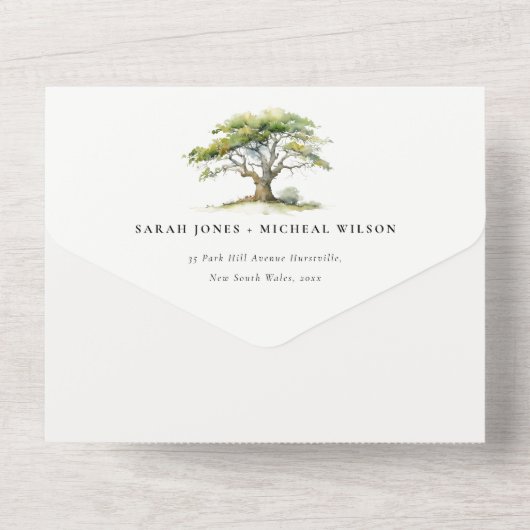 Elegante groene Waterverf eikenboom bruiloft All In One Uitnodiging (Achterkant)