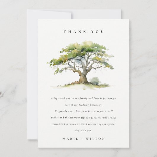 Elegante groene Waterverf eikenboom bruiloft Bedankkaart (Voorkant)
