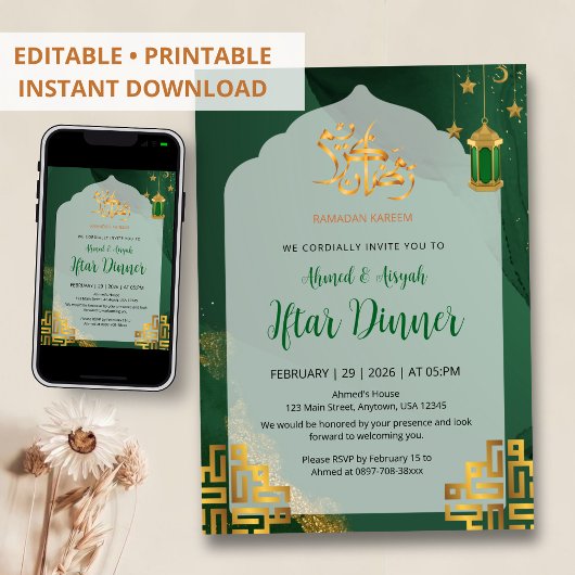 Elegante groene waterverf Iftar-diner Kaart