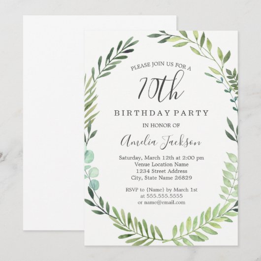 Elegante Groene Waterverf Krans 70ste Verjaardag Kaart (Voorkant / Achterkant)