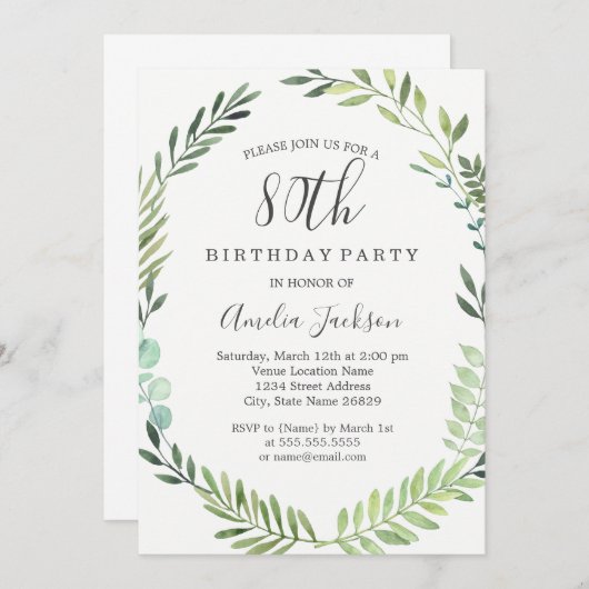 Elegante groene Waterverf krans 80ste verjaardag Kaart (Voorkant / Achterkant)