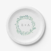 Elegante Groene Waterverf Krans Monogram Bruiloft Papieren Bordje (Voorkant)