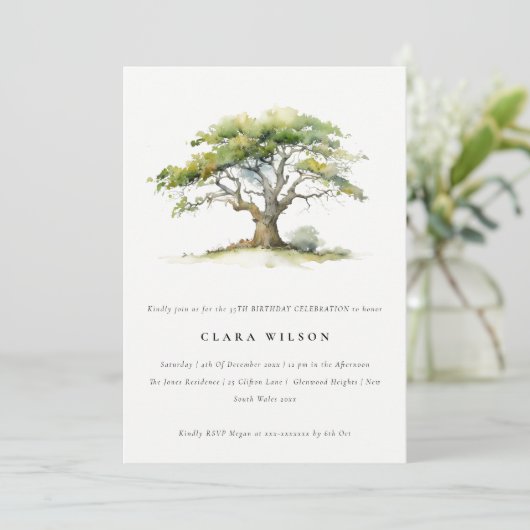 Elegante Groene Waterverf Oak Tree Verjaardag Kaart (Staand voorkant)