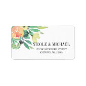 Elegante Groene Waterverf Roze pioen en bladeren Etiket (Voorkant)