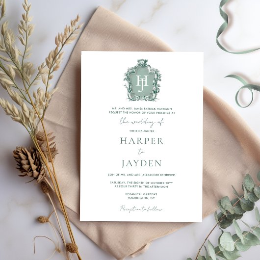 Elegante Groene Waterverf Tijdloze Monogram bruilo Kaart