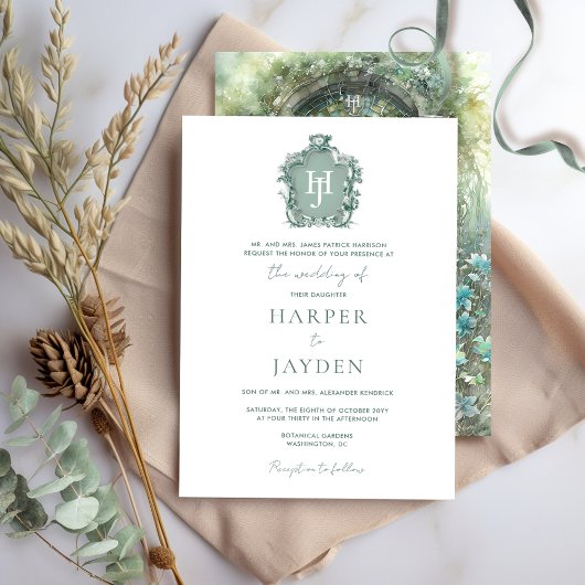 Elegante Groene Waterverf Tijdloze Monogram bruilo Kaart