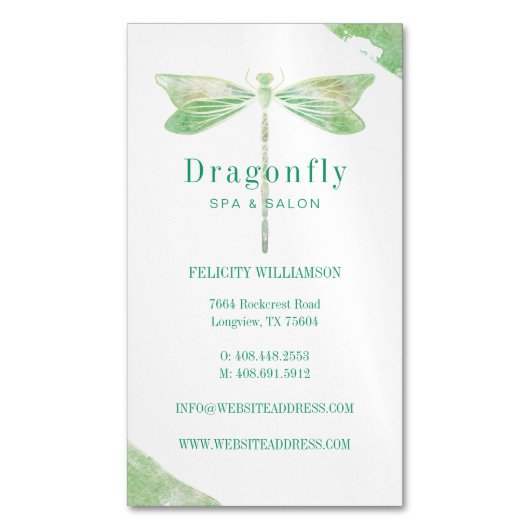 Elegante groene Waterverf Wash Dragonfly Logo Magnetisch Visitekaartje (Voorkant Verticaal)