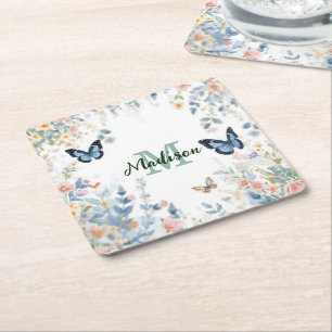 elegante groene wilde bloem Boho monogram in bloei Kartonnen Onderzetters