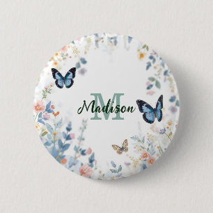 elegante Groene Wilde Bloem Boho Monogram In Bloei Ronde Button 5,7 Cm