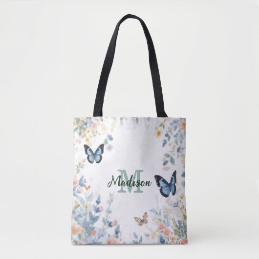 elegante groene wilde bloem Boho monogram in bloei Tote Bag (Voorkant)